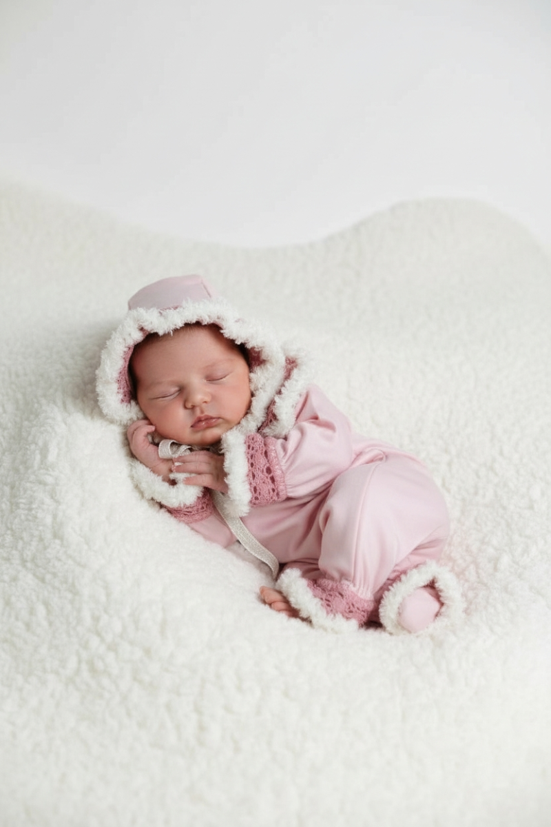 Pembe Kar Masalı İşlemeli Yeni Doğan Kışlık Tulum