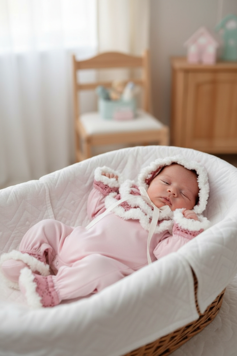 Pembe Kar Masalı İşlemeli Yeni Doğan Kışlık Tulum