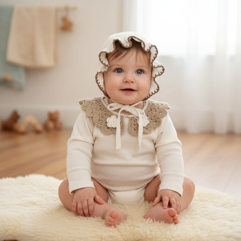 El İşlemeli 4 Kat Müslin Bonet Şapka Ve Vintage Yaka