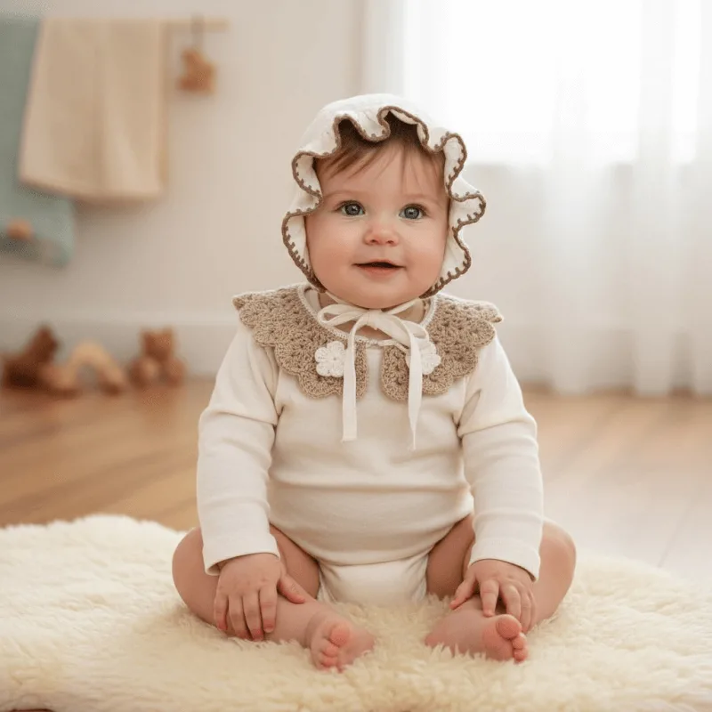 El İşlemeli 4 Kat Müslin Bonet Şapka Ve Vintage Yaka