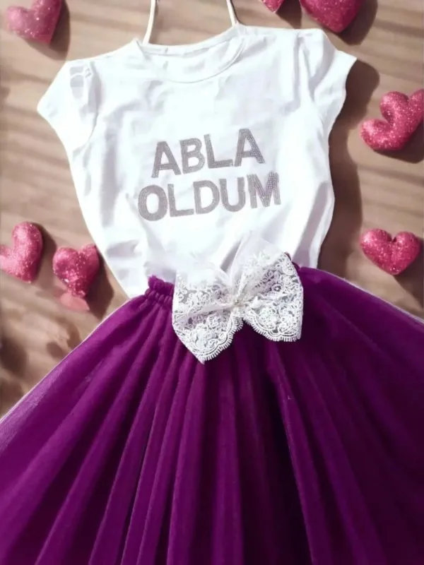 Tütülü Abla Oldum Seti – Tütü Etek, Tişört -  Mor