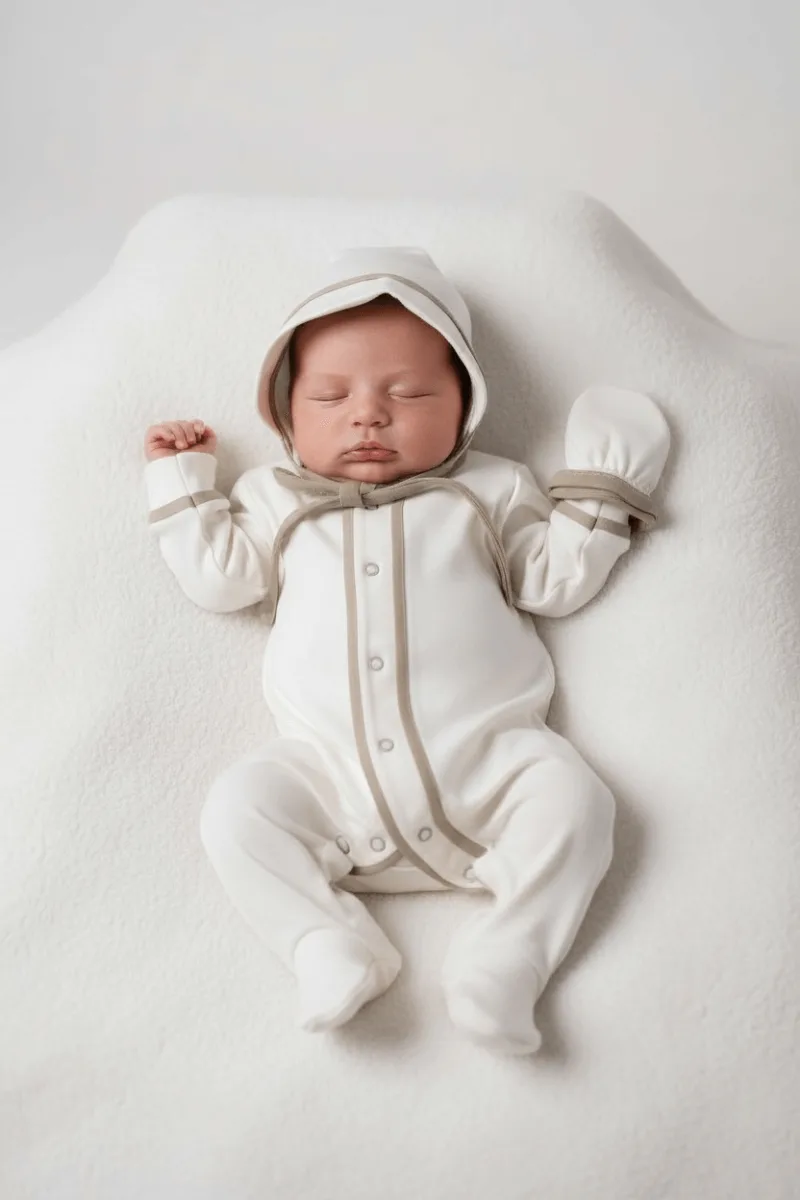 Biye Şeritli %100 Pamuk Penye Yenidoğan Tulum Seti