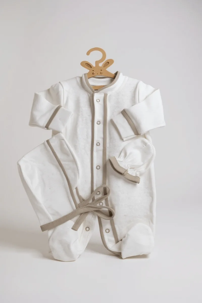 Biye Şeritli %100 Pamuk Penye Yenidoğan Tulum Seti