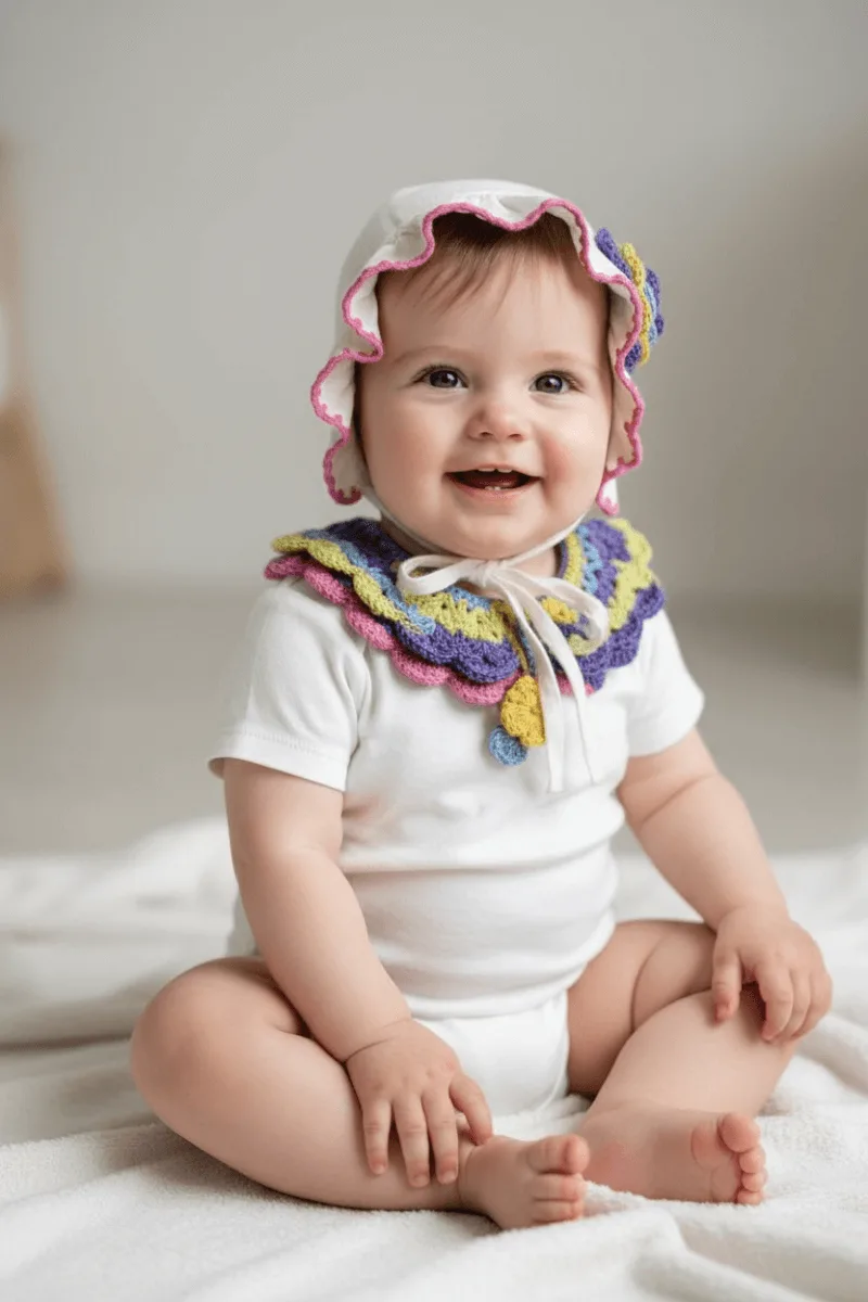 Renkli Düşler Müslin Bebek Şapka ve Örgü Yaka Seti