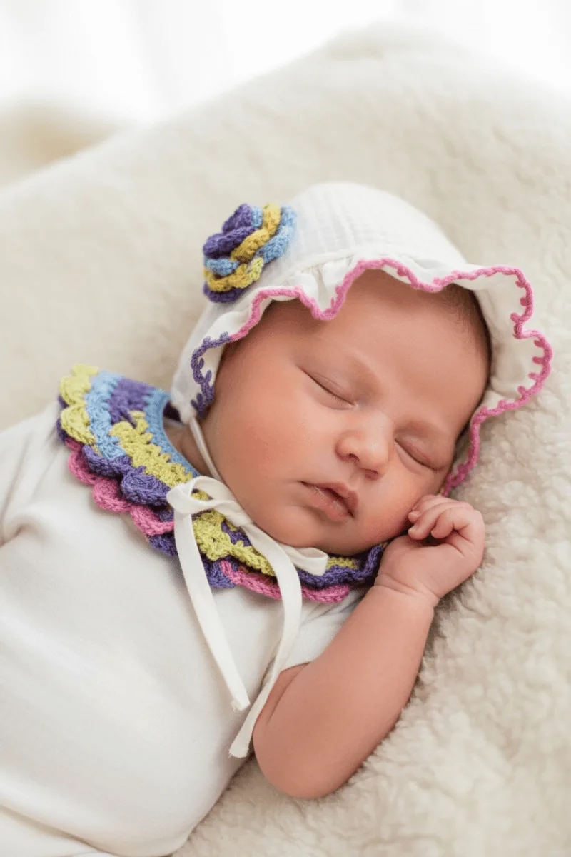 Renkli Düşler Müslin Bebek Şapka ve Örgü Yaka Seti