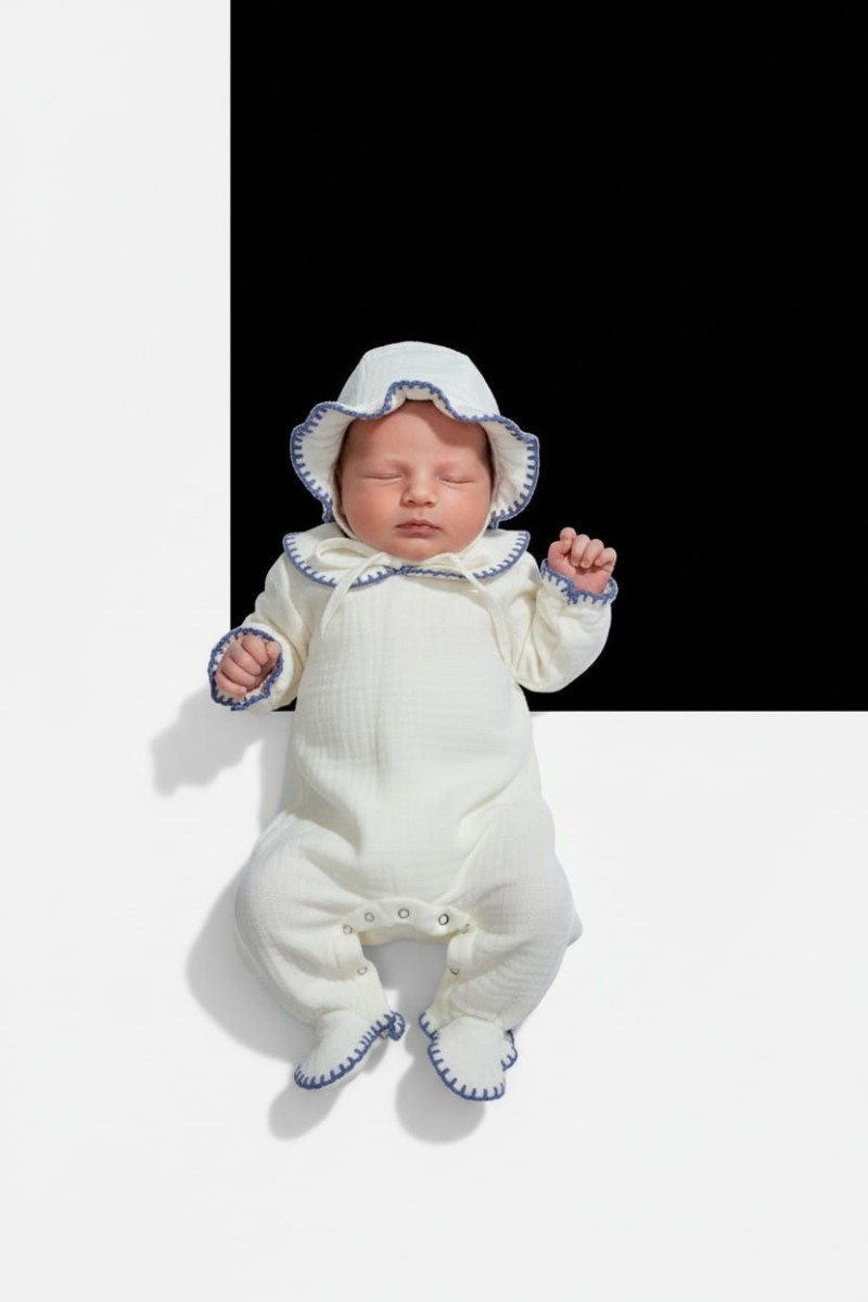 El Örmesi Detaylı 4 Kat Müslin Yenidoğan Tulum Seti