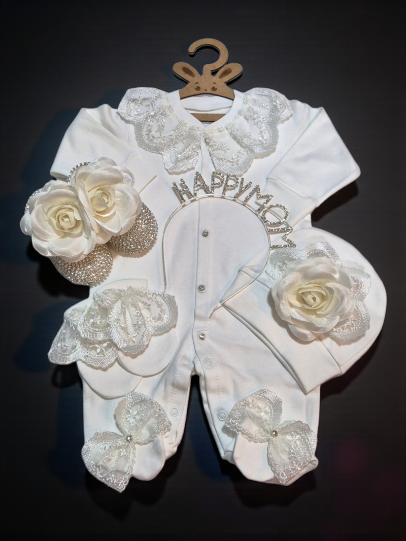 Beyaz Gül Detaylı Taşlı Yenidoğan Kız Bebek Hastane Çıkışı Seti