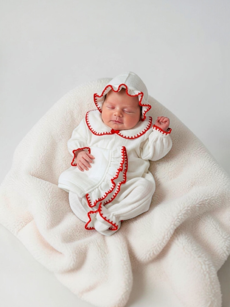 El Örmesi Detaylı 4 Kat Müslin Yenidoğan Tulum Seti-Kırmızı