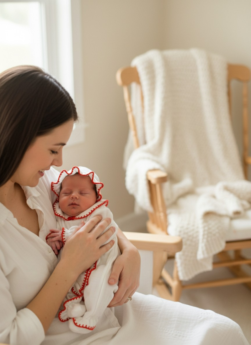 El Örmesi Detaylı 4 Kat Müslin Yenidoğan Tulum Seti-Kırmızı