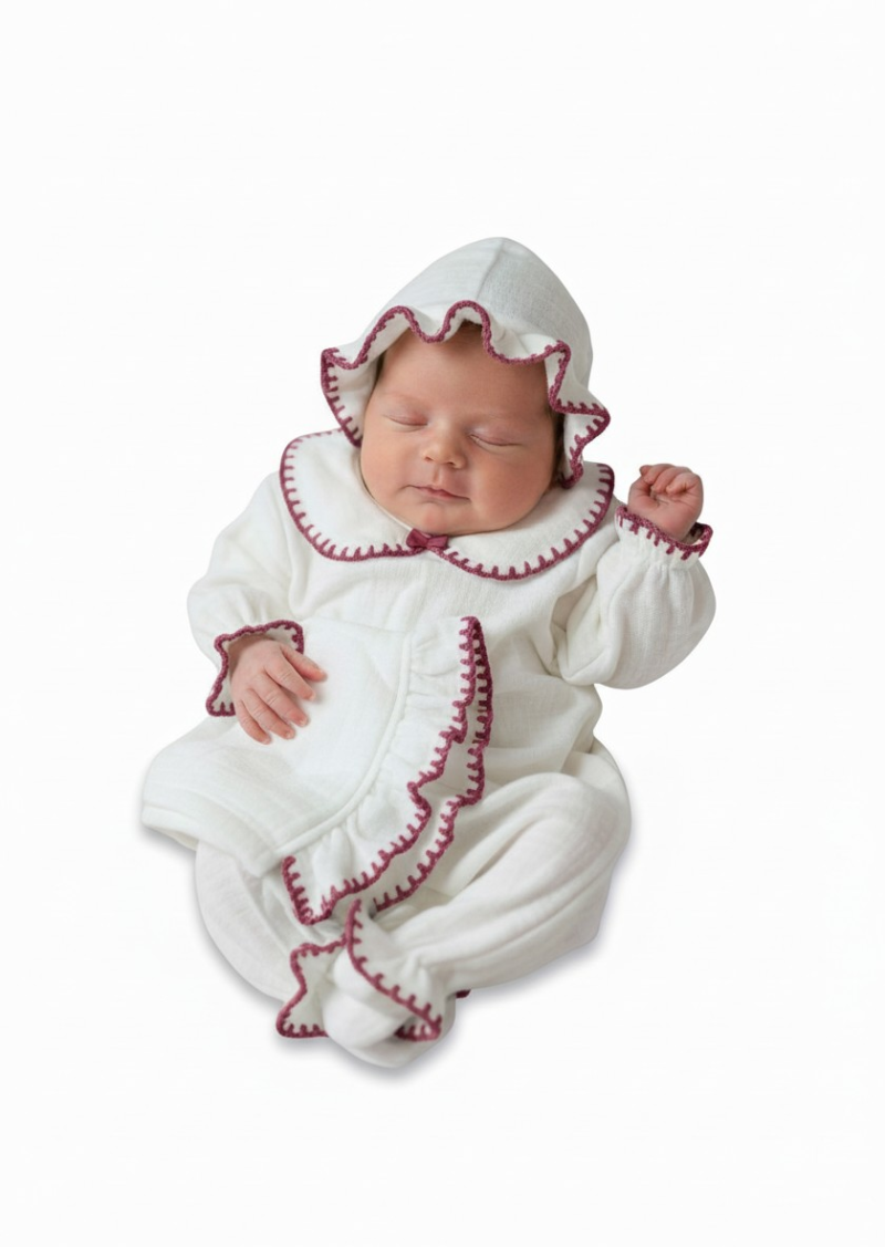 El Örmesi Detaylı 4 Kat Müslin Yenidoğan Tulum Seti-Mürdüm