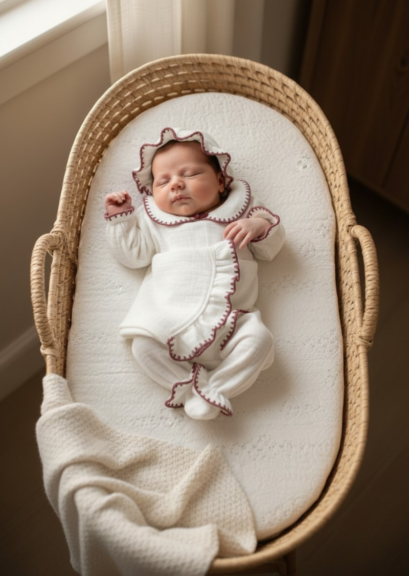 El Örmesi Detaylı 4 Kat Müslin Yenidoğan Tulum Seti-Mürdüm