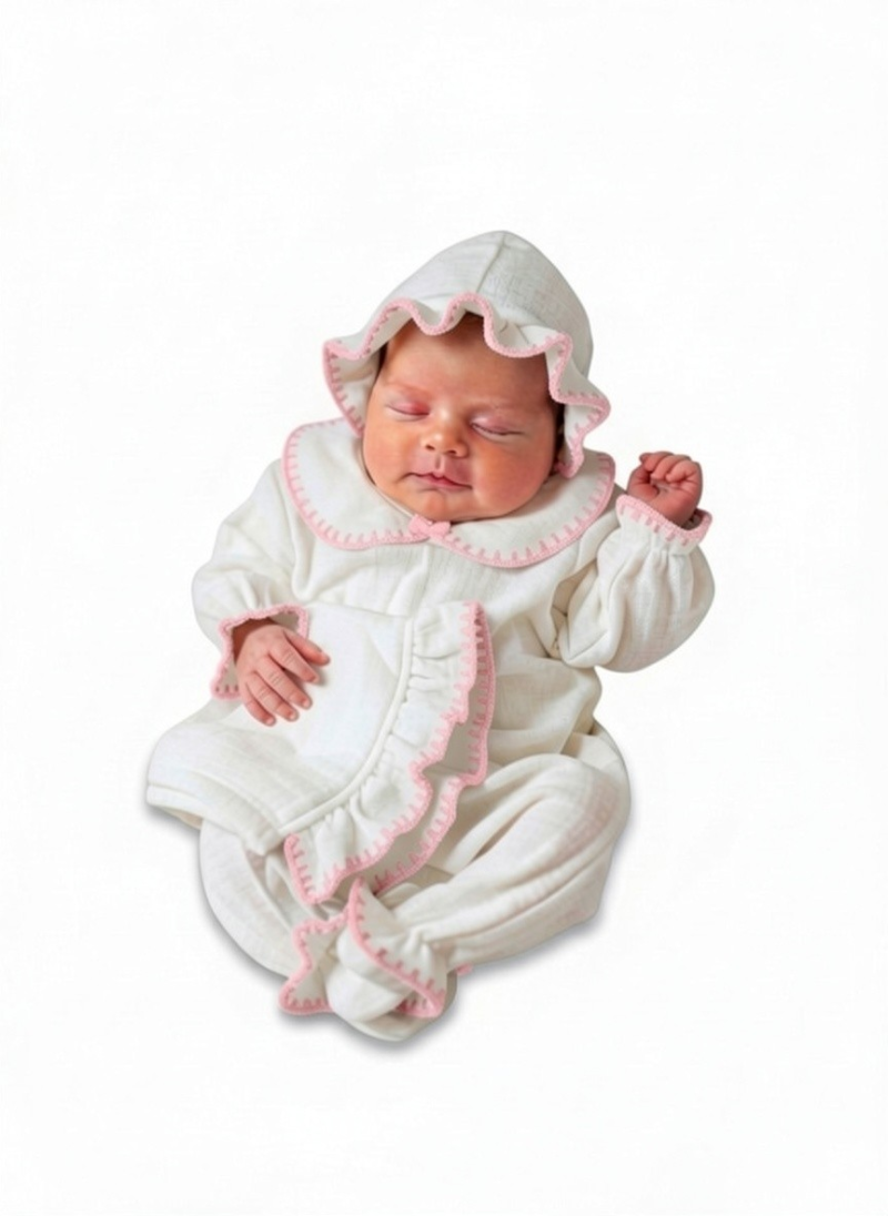 El Örmesi Detaylı 4 Kat Müslin Yenidoğan Tulum Seti - Pembe