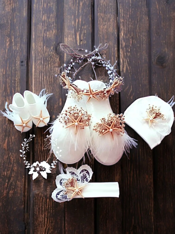 Deniz Yıldızlı Mini Lohusa Seti  Şık Anne Tacı ve Kadife Terlikli Hastane Çıkışı