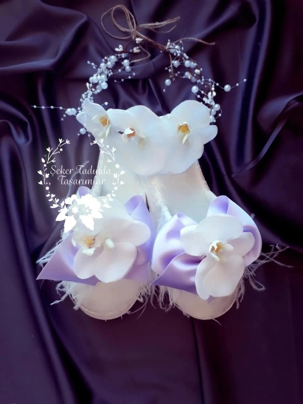 Mor Kurdelalı Taç Terlik Seti