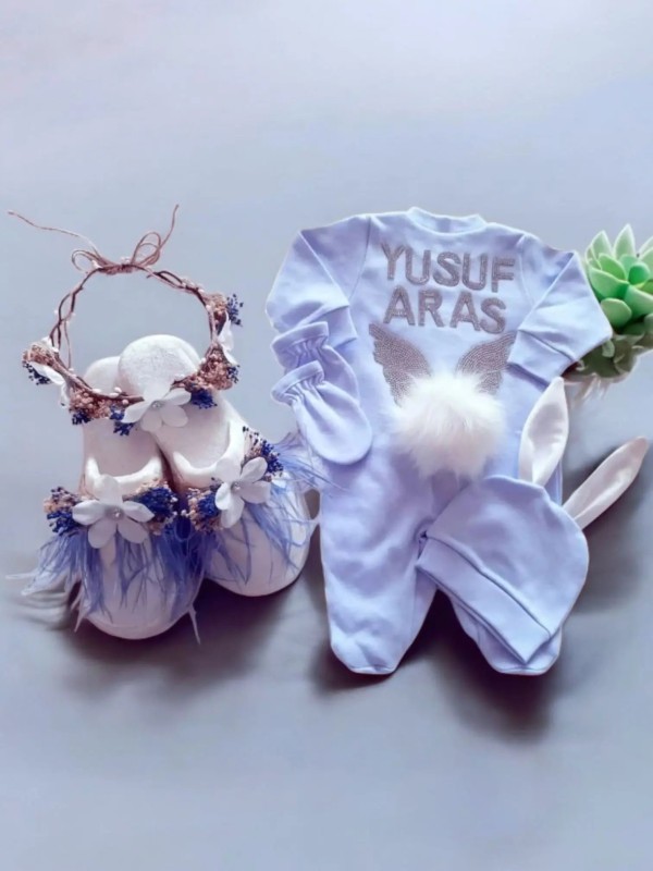 Mavi Detaylı Anne Bebek Hastane Çıkış Seti  100% Pamuk Tulumlu Şık Tasarım