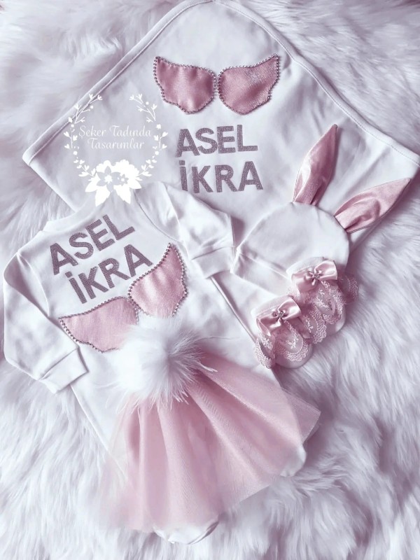Beyaz-Pudra Battaniye- Tavşan Tulum Seti
