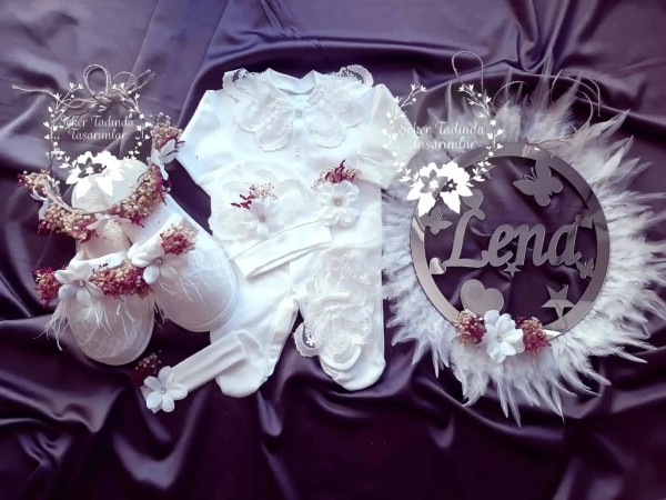 Beyaz-Fuşya Detaylı Hastane Çıkış Seti