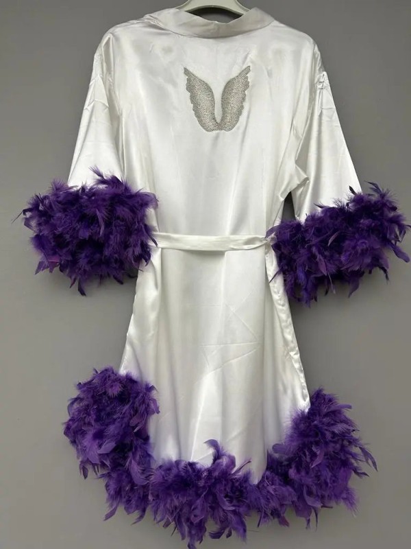 Etekleri Ve Kolları Tüylü Sabahlık-Beyaz/Mor