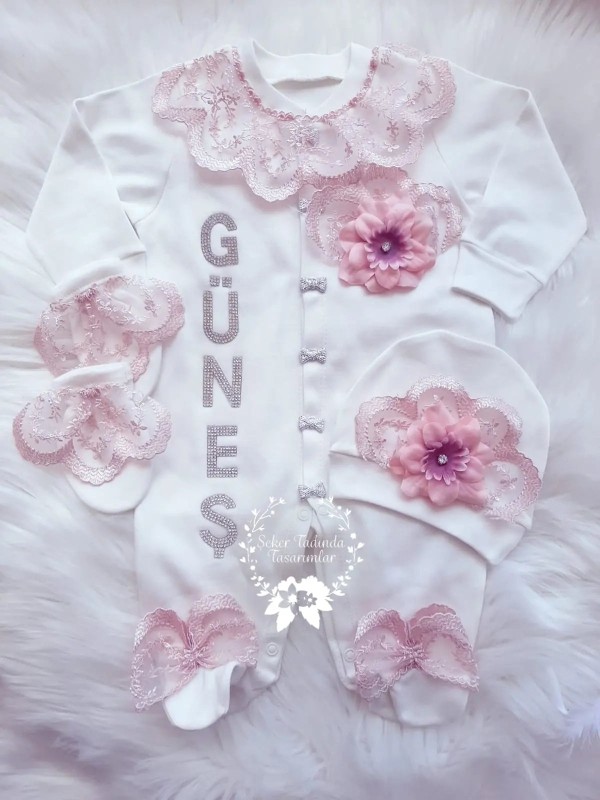 Pudra Güpür-Çiçek Detaylı Tulum Seti