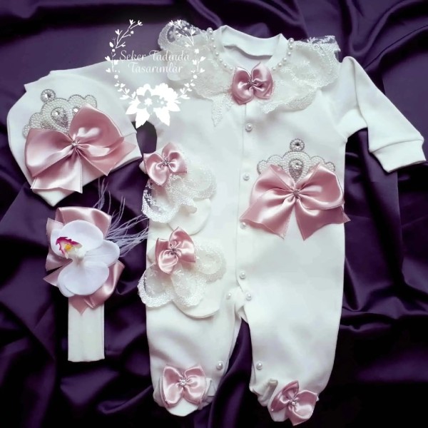 Prenses Taçlı Tulum Seti – Pudra