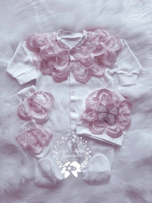 Kelebek Detaylı Tulum Set-Pudra