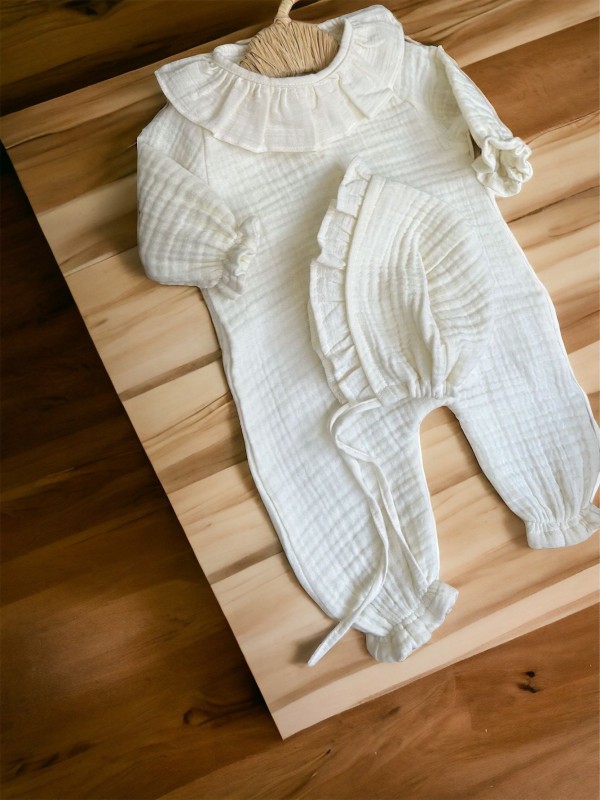 Bonet Şapkalı Müslin Tulum Seti